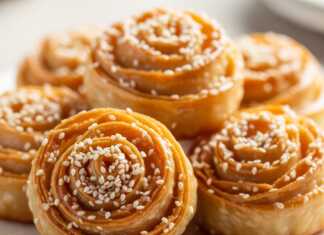 Χρυσαφένια, σιροπιαστά ξεροτήγανα σε πιατέλα, πασπαλισμένα με κανέλα και σουσάμι.