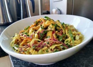 Μια πολύχρωμη σαλάτα με λευκό και κόκκινο λάχανο κομμάτια κοτόπουλου και καρότο καλυμμένη με μια κρεμώδη κίτρινη σάλτσα κουρκουμά