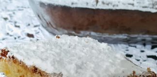 Ένα κομμάτι αφράτου κέικ κολοκύθας πασπαλισμένο με ζάχαρη άχνη.