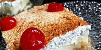 Κομμάτι από εκμέκ κανταΐφι, που δείχνει τις στρώσεις του τραγανού κανταϊφιού, της κρέμας και της σαντιγί.