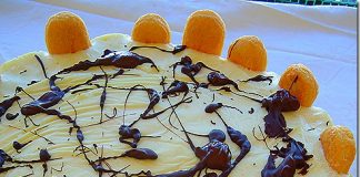 Μια λαχταριστή φέτα από τούρτα παγωτό λεμόνι με σαβουαγιάρ, διακοσμημένη με φέτες λεμονιού και μέντα.