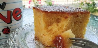 Κοντινό πλάνο σε ένα κομμάτι Γλυκό Καρύδας Ταψιού, που αναδεικνύει την αφράτη υφή και την υγρασία από το σιρόπι.