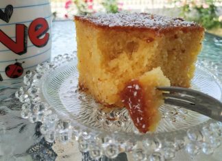 Κοντινό πλάνο σε ένα κομμάτι Γλυκό Καρύδας Ταψιού, που αναδεικνύει την αφράτη υφή και την υγρασία από το σιρόπι.