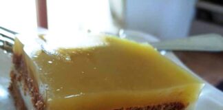 Ένα κομμάτι γλυκού ψυγείου με στρώσεις μπισκότων και κρέμας πορτοκαλάδας.