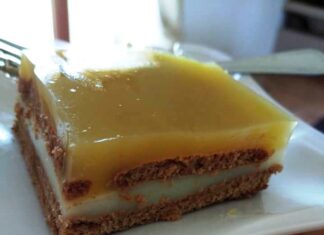 Ένα κομμάτι γλυκού ψυγείου με στρώσεις μπισκότων και κρέμας πορτοκαλάδας.