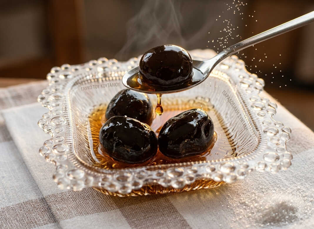 Μαύρα γυαλιστερά καρυδάκια μέσα σε πυκνό σιρόπι, αρωματισμένα με ξυλάκια κανέλας και γαρύφαλλο μέσα σε γυάλινο βάζο