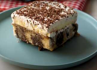 Κομμένο κομμάτι από το Κέικ Παγωτό, που αναδεικνύει τις στρώσεις του κέικ, του παγωτού και της σαντιγί.