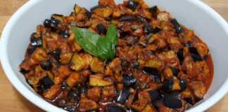 κοκκινιστες μελιτζάνες με ελιες και καπαρη