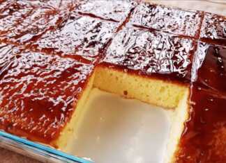 Δροσερό καλοκαιρινό γλυκό με κρέμα καραμέλα μέσα στο πυρέξ, με το παντεσπάνι απόλυτα σιροπιασμένο και καλυμμένο με μια πλούσια, γυαλιστερή στρώση χρυσής καραμέλας.