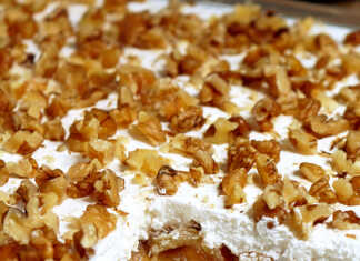 Τεμαχισμένο κομμάτι από το Γλυκό Μήλο Καρύδι που φαίνονται οι στρώσεις.