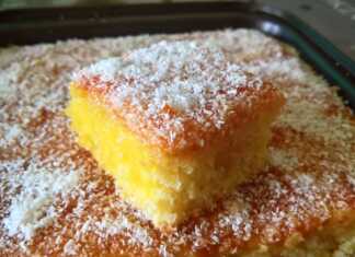 Αφράτο σιροπιαστό κέικ πορτοκάλι με καρύδα, με γυαλιστερή επικάλυψη μαρμελάδας και πασπαλισμένο με τριμμένη καρύδα.