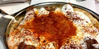 Πιάτο με ζουμερά κεμπάπ περιχυμένα με σάλτσα γιαουρτιού και κόκκινη σάλτσα ντομάτας.