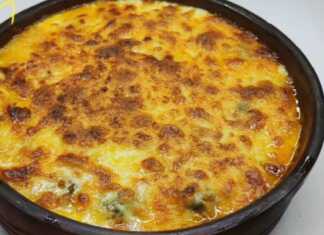 Πήλινο σκεύος με ροδοκοκκινισμένα κεφτεδάκια καλυμμένα με πλούσια στρώση μπεσαμέλ και λιωμένη μοτσαρέλα που κάνει κρούστα