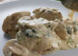 Κομμάτια κοτόπουλου μέσα σε πλούσια λευκή σάλτσα με φύλλα σπανακιού, μανιτάρια και λιωμένο κίτρινο τυρί