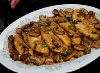 κοτόπουλο με σάλτσα μανιτάρια σβησμένο με κόκκινο κρασί