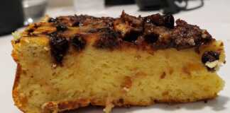 Σούπερ αφράτο κέικ με chips σοκολάτας…χωρίς αλεύρι Ένα κομμάτι από ένα πολύ αφράτο, χρυσαφένιο κέικ με λιωμένα chips σοκολάτας στην κορυφή, σερβιρισμένο σε ένα πιάτο.