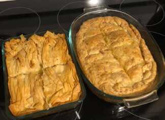 Ολοκληρωμένη Κοτόπιτα με μπεσαμέλ και σφολιάτα, χρυσαφένια και κομμένη σε κομμάτια, σερβιρισμένη σε πιάτο."