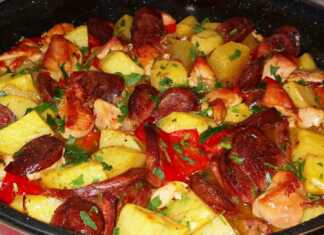 κομμάτια κοτόπουλου, λουκάνικο, λαχανικά