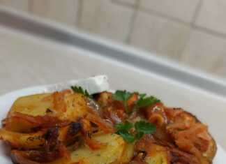 Ένα πίατο από στρογγυλές φέτες μελιτζάνας και πατάτας, κομμένα κρεμμύδια, φέτες ντομάτας και κόκκινη σάλτσα.