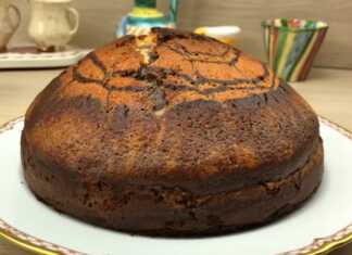 Ένα αφράτο δίχρωμο κέικ σοκολάτας-βανίλιας κομμένο σε φέτες πασπαλισμένο με ζάχαρη άχνη πάνω σε ξύλινη επιφάνεια