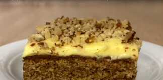 Κέικ με πολλά καρύδια, κρέμα βανίλιας και σοκολάτα