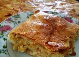 Χρυσαφένια, ψημένη μακαρονόπιτα σε ταψί, με εμφανή την τραγανή υφή του χειροποίητου φύλλου και τη ζουμερή γέμιση στο εσωτερικό της.