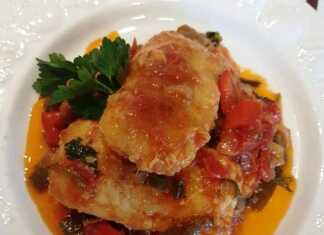 Φιλέτα τηγανισμένου μπακαλιάρου μέσα σε πλατιά κατσαρόλα με κόκκινη σάλτσα ντομάτας, πιπεριές και φρέσκο μαϊντανό