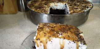 Ένα κομμάτι Γιαουρτογλυκό με στρώσεις σοκολατένιου παντεσπάνι και λευκής κρέμας γιαουρτιού, γαρνιρισμένο με τριμμένη σοκολάτα.