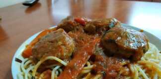 Κοντινό πλάνο στα Κεφτεδάκια με Σάλτσα και Σπαγγέτι μέσα στο τηγάνι