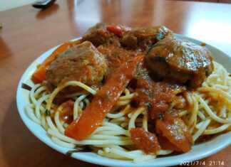 Κοντινό πλάνο στα Κεφτεδάκια με Σάλτσα και Σπαγγέτι μέσα στο τηγάνι