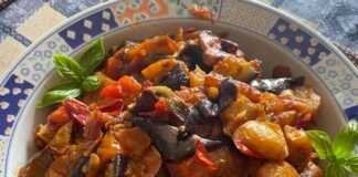 Πατάτες με πιπεριές και Μελτζάνα στο Τηγάνι