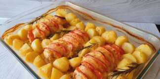 Στήθος κοτόπουλου με ντομάτα, τυρί και ψητές πατάτες