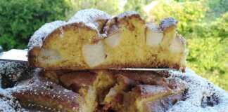 Σπιτικό αφράτο κέικ αχλαδιού με καραμελωμένα αχλάδια και πασπάλισμα κανέλας.