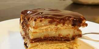 Μπισκοτογλυκό με σοκολάτα και μπανάνα Κομμάτι από μπισκοτογλυκό με σοκολάτα και μπανάνα, που δείχνει τις στρώσεις μπισκότων, κρέμας και μπανάνας