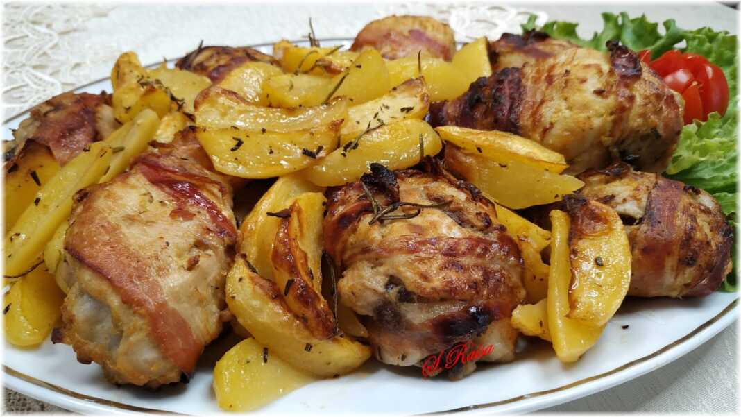 mpoutiaKotopouloMpeikon Μπουτάκια κοτόπουλο στο φουρνο