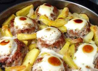 Μπιφτέκια φωλιές στο φούρνο με πατάτες, έτοιμα για σερβίρισμα.