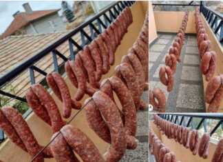 Σειρά από χειροποίητα χωριάτικα λουκάνικα κρεμασμένα για στέγνωμα σε δροσερό μέρος