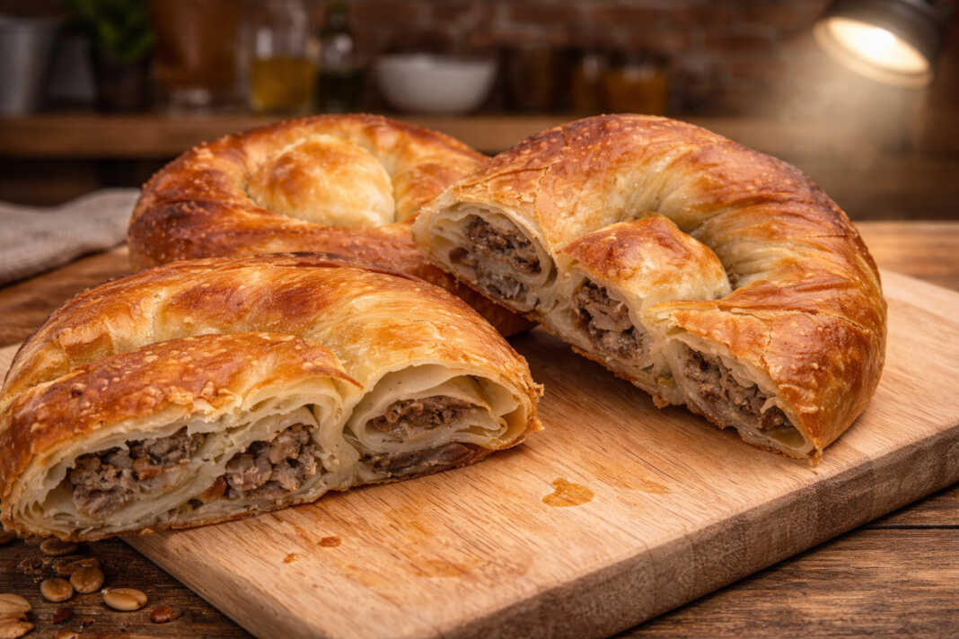 Χρυσαφένιο μπουρέκι σε σχήμα σαλιγκαριού μέσα στο ταψί, περιχυμένο με πλούσια σάλτσα αυγού και κρέμας