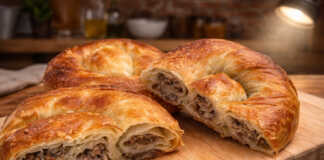 Χρυσαφένιο μπουρέκι σε σχήμα σαλιγκαριού μέσα στο ταψί, περιχυμένο με πλούσια σάλτσα αυγού και κρέμας