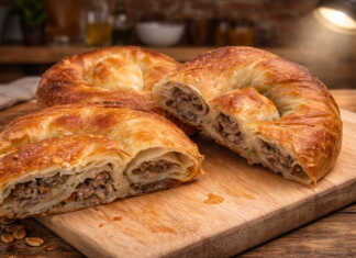 Χρυσαφένιο μπουρέκι σε σχήμα σαλιγκαριού μέσα στο ταψί, περιχυμένο με πλούσια σάλτσα αυγού και κρέμας