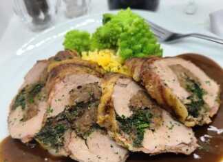 Ρολό χοιρινό φιλέτο με σάλτσα κρασιού