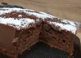 Ένα κομμάτι λαχταριστού κέικ σοκολάτας, περιχυμένο με γυαλιστερό γλάσο κακάο και πασπαλισμένο με τριμμένη καρύδα.