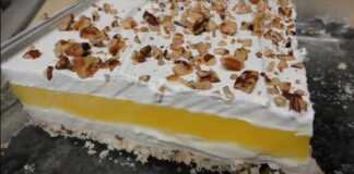 Δροσερό και λαχταριστό γλυκό με λεμόνι (lemon lush) με τέσσερις απολαυστικές στρώσεις: τραγανή βάση, κρεμώδες τυρί, δροσερή κρέμα λεμονιού και αφράτη σαντιγί. Ιδανικό για το καλοκαίρι!