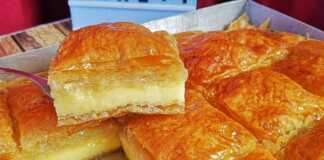 Κομμάτια αφράτο Γαλακτομπούρεκο με χρυσαφένια κρούστα και κρέμα βανίλιας.