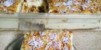 Γρήγορο μιλφέιγ με σφολιατίνια, πασπαλισμένο με άχνη ζάχαρη, σε ταψί.