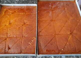 Δύο ταψάκια με σπιτικό σάμαλι αρωματισμένο με μαστίχα Χίου σιροπιασμένο ομοιόμορφα και κομμένο σε παραδοσιακά κομμάτια