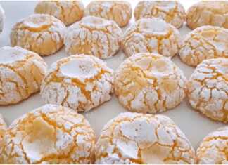 Στρογγυλά μπισκότα πορτοκαλιού με καρύδα, πασπαλισμένα με ζάχαρη άχνη, με μια μικρή λακούβα στο κέντρο.