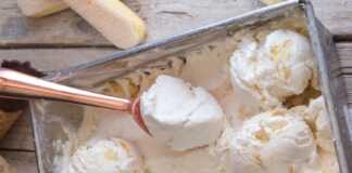 Ένα μπολ με παγωτό τιραμισού πασπαλισμένο με κακάο, δίπλα σε μερικά κομμάτια σαβαγιάρ.