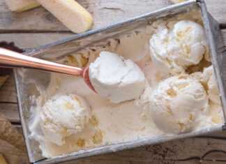 Ένα μπολ με παγωτό τιραμισού πασπαλισμένο με κακάο, δίπλα σε μερικά κομμάτια σαβαγιάρ.