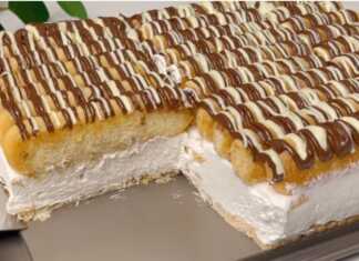 Γλυκό ψυγείου σε φόρμα, με στρώση μπισκότων, κρέμα μασκαρπόνε και σαβουαγιάρ στημένα όρθια γύρω-γύρω, διακοσμημένο με λιωμένη λευκή και μαύρη σοκολάτα.